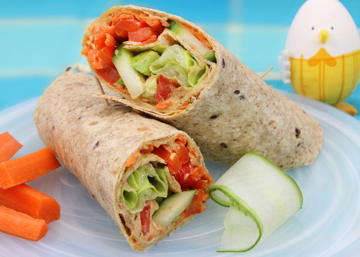 Vegetarian Roasted Red Pepper and Avocado Wrap with Spicy Hummus