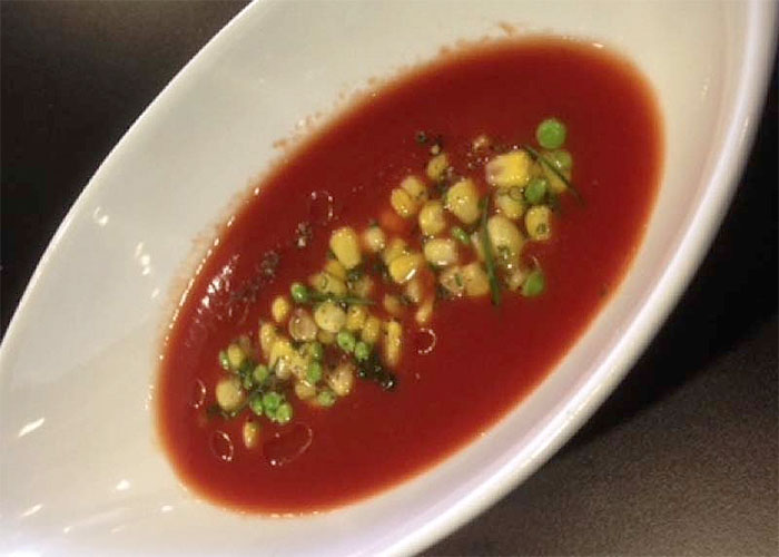 Chilled Tomato Soup with Sweet Peas & Corn