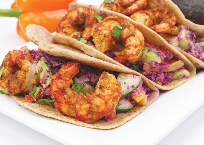 Shrimp Tacos with Red Cabbage Pepper Salad