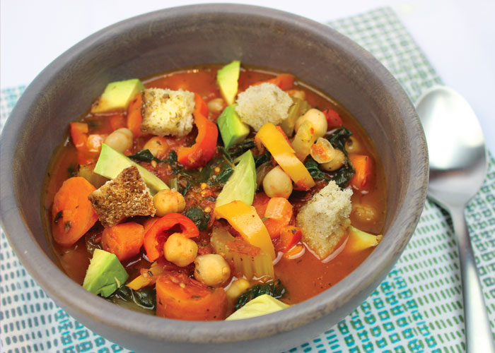 Hearty Tomato Soup with Sourdough Croutons and Avocado