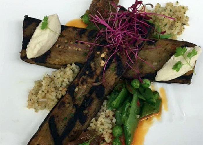 Grilled Charmoula Marinated Eggplant with Bulger, Golden Raisin Jam & Almon...